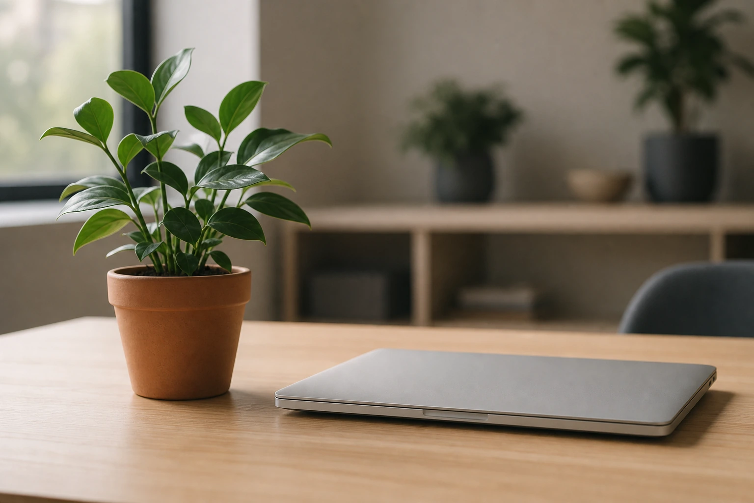 A single sunlit desk plant beside a closed laptop, symbolising patient, compounding investment in organic visibility