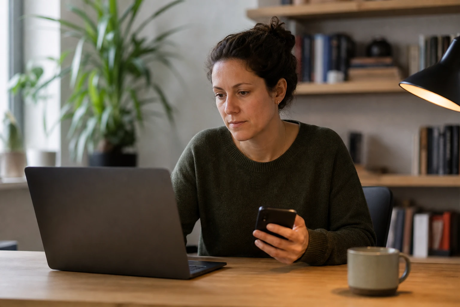 A woman at a desk reading her laptop and glancing at her phone, checking a single answer against its sources in a quiet home office