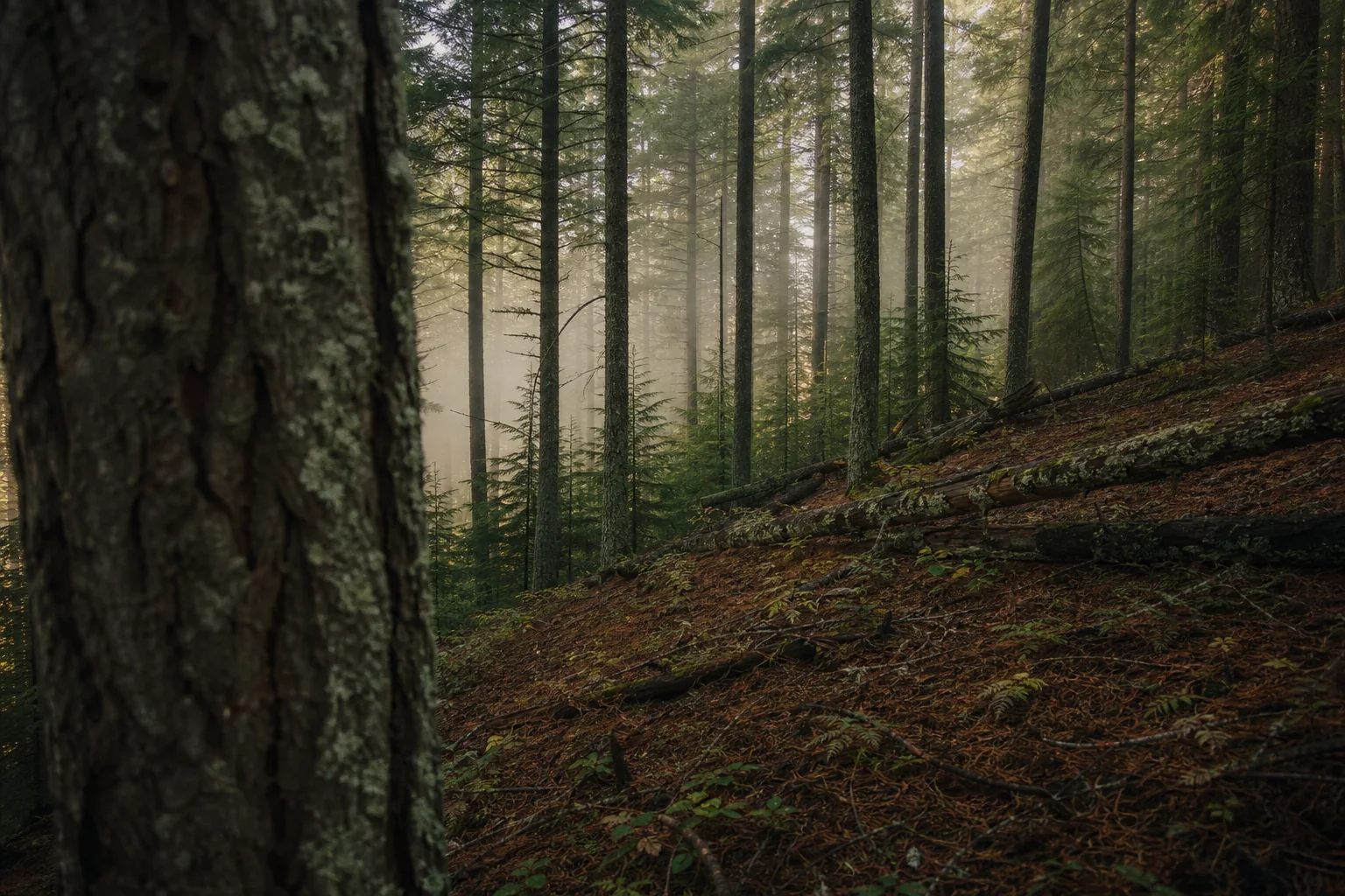 Stand of tall evergreen conifers on a misty hillside at soft morning light, a metaphor for content that stays green over time