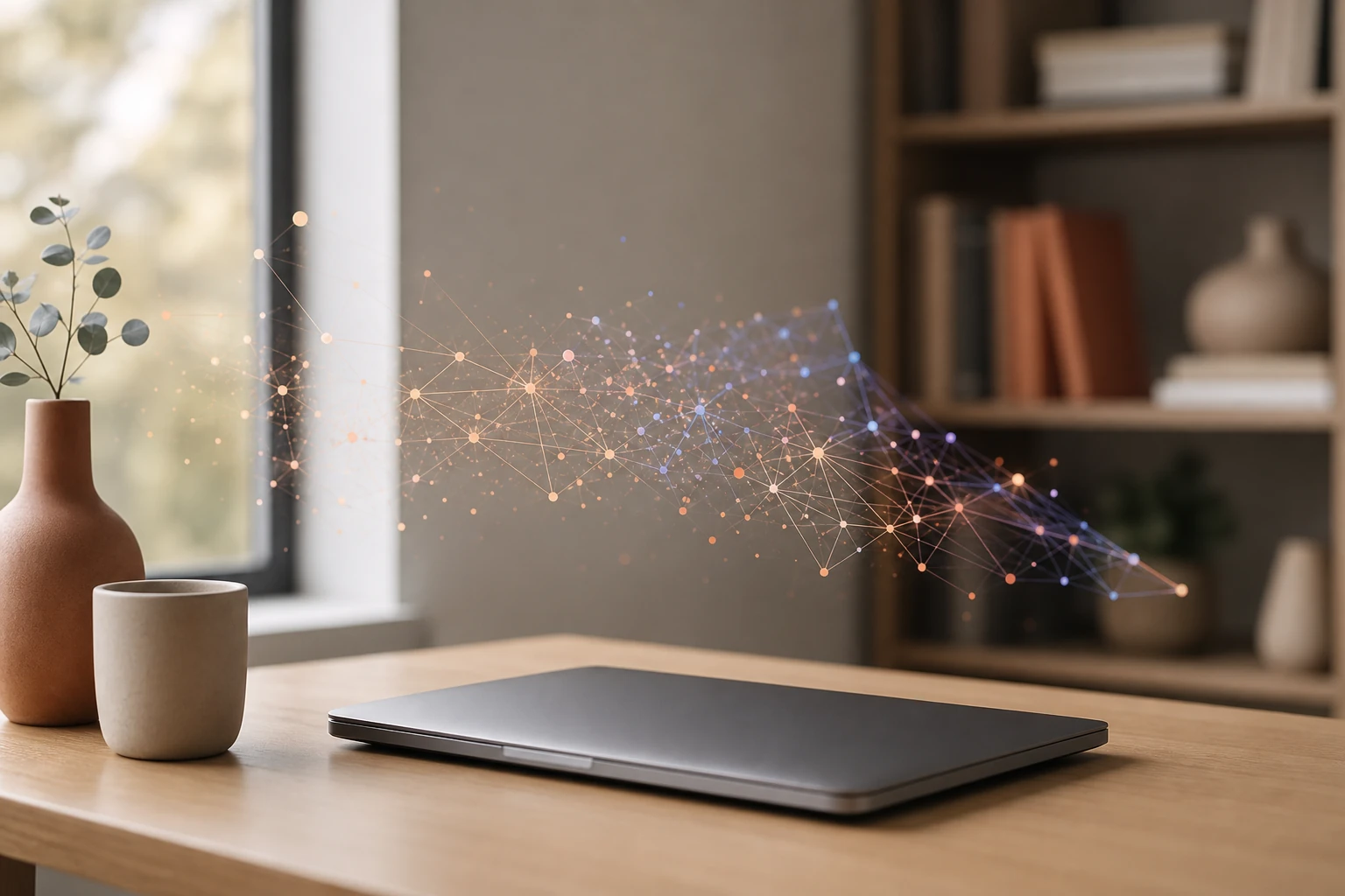 A closed laptop on a desk with an abstract constellation of connected data points flowing toward an AI
