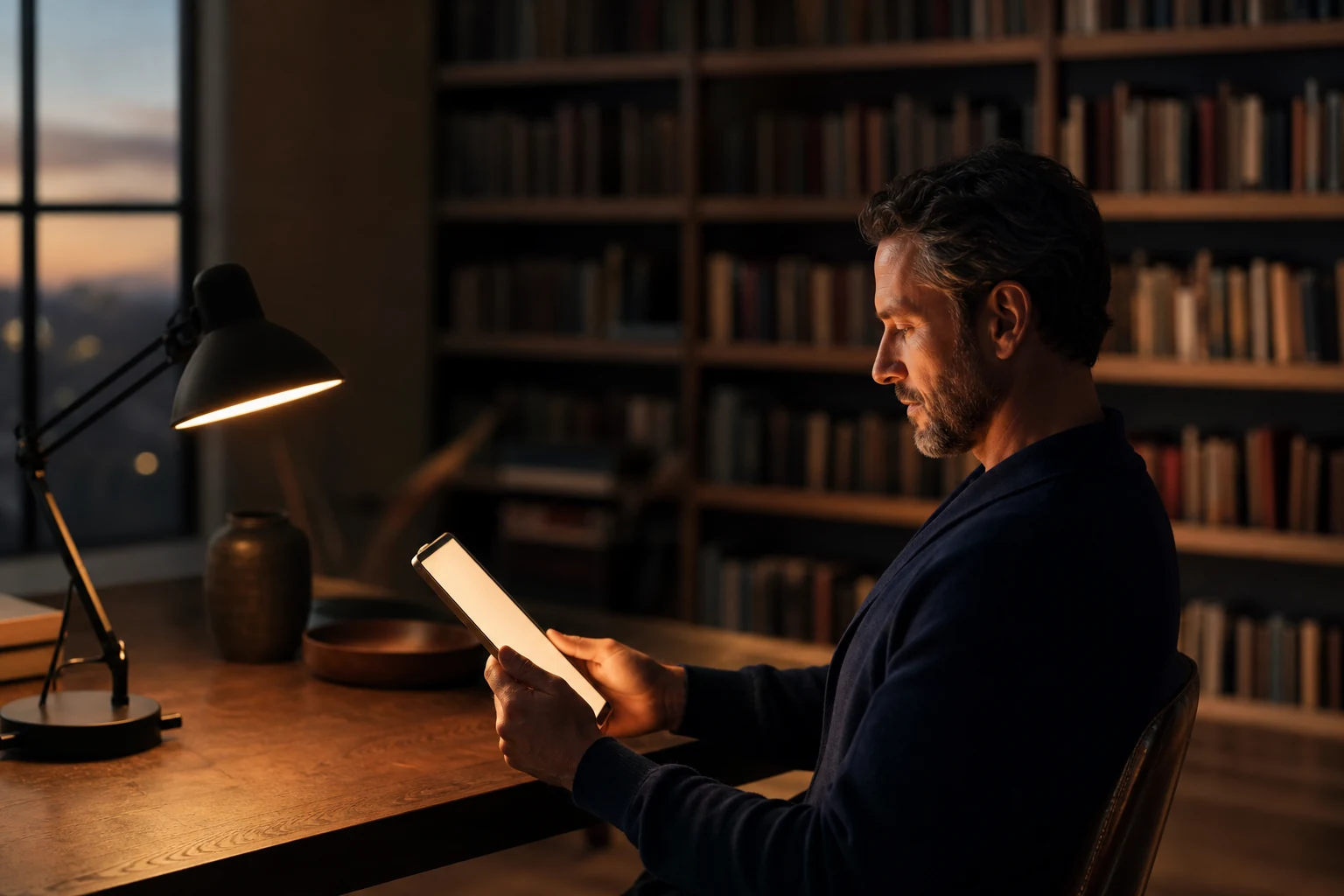 A person reading carefully from a tablet by a single warm lamp, a blurred bookshelf behind, evoking one trusted reference chosen among many