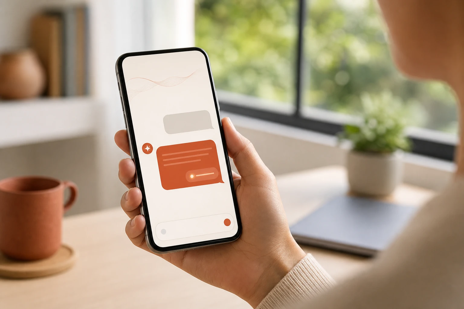 A person holding a smartphone showing an AI assistant answer with a single highlighted citation, in a calm modern workspace