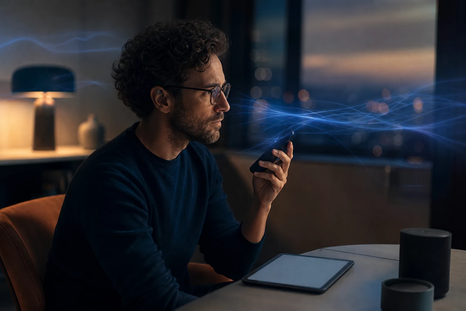 A person listening intently to a phone at night while threads of soft blue light suggest a live stream of conversation flowing through the room, evoking one trusted voice picked from a constant real-time feed