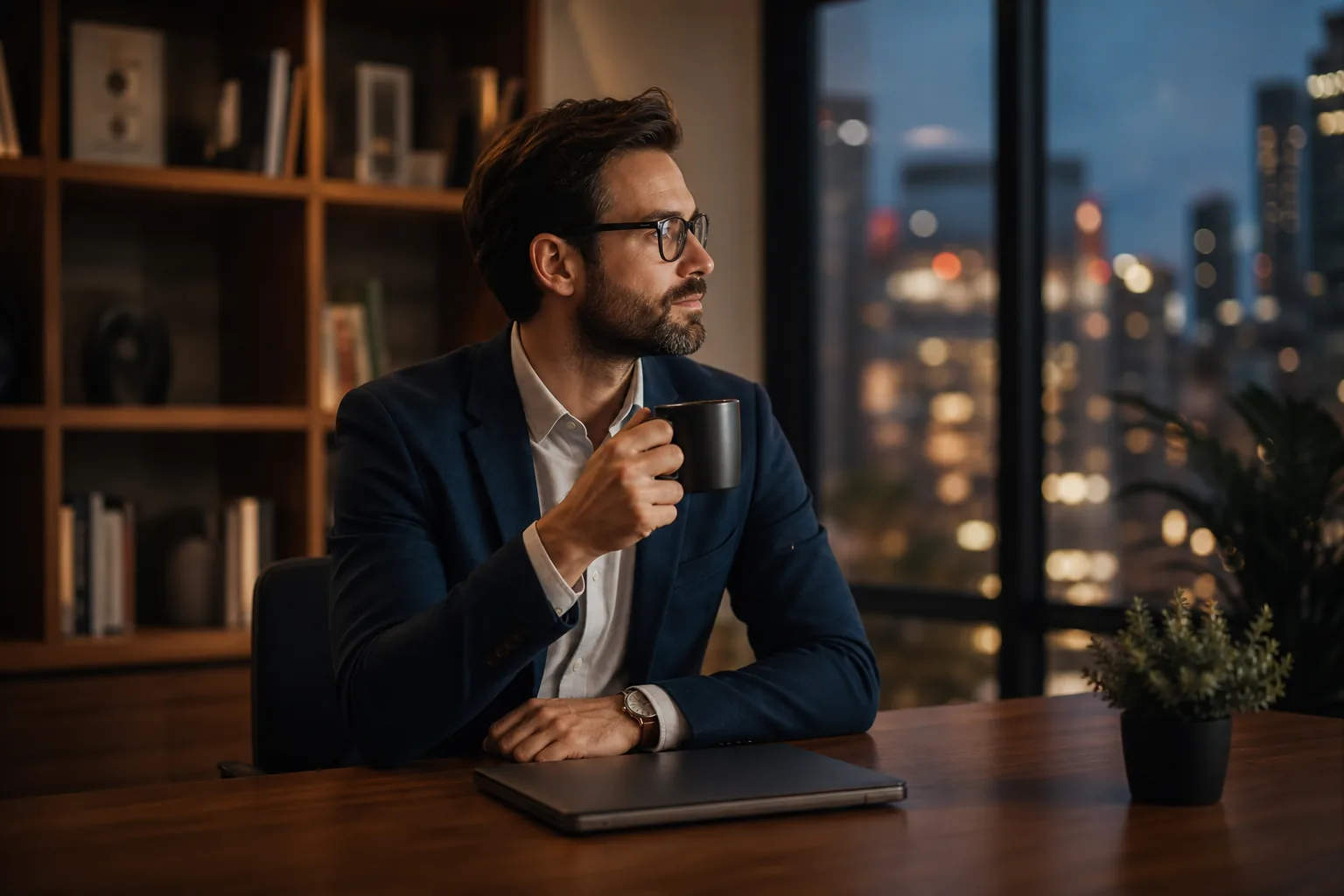 A professional pausing with a coffee by a window at dusk, a closed laptop on the desk and a blurred bookshelf behind, evoking one trusted reference chosen for a work assistant