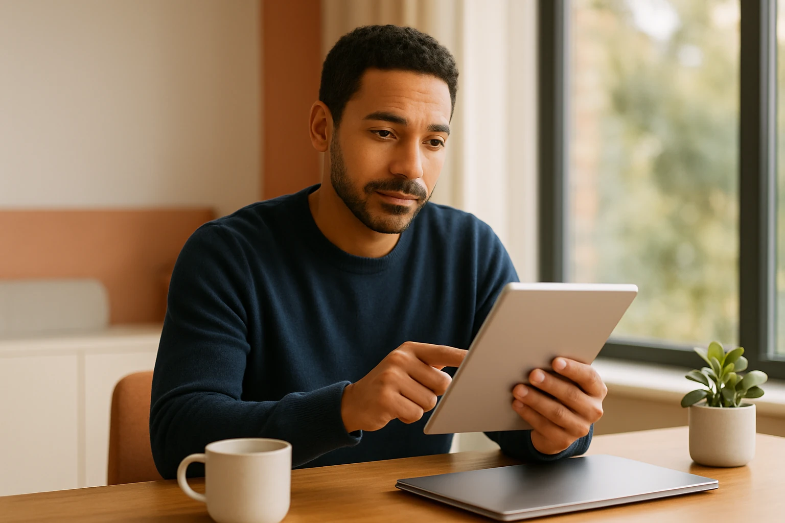 A person at a bright morning desk reading a single clear answer on a tablet, next to a closed laptop and a coffee