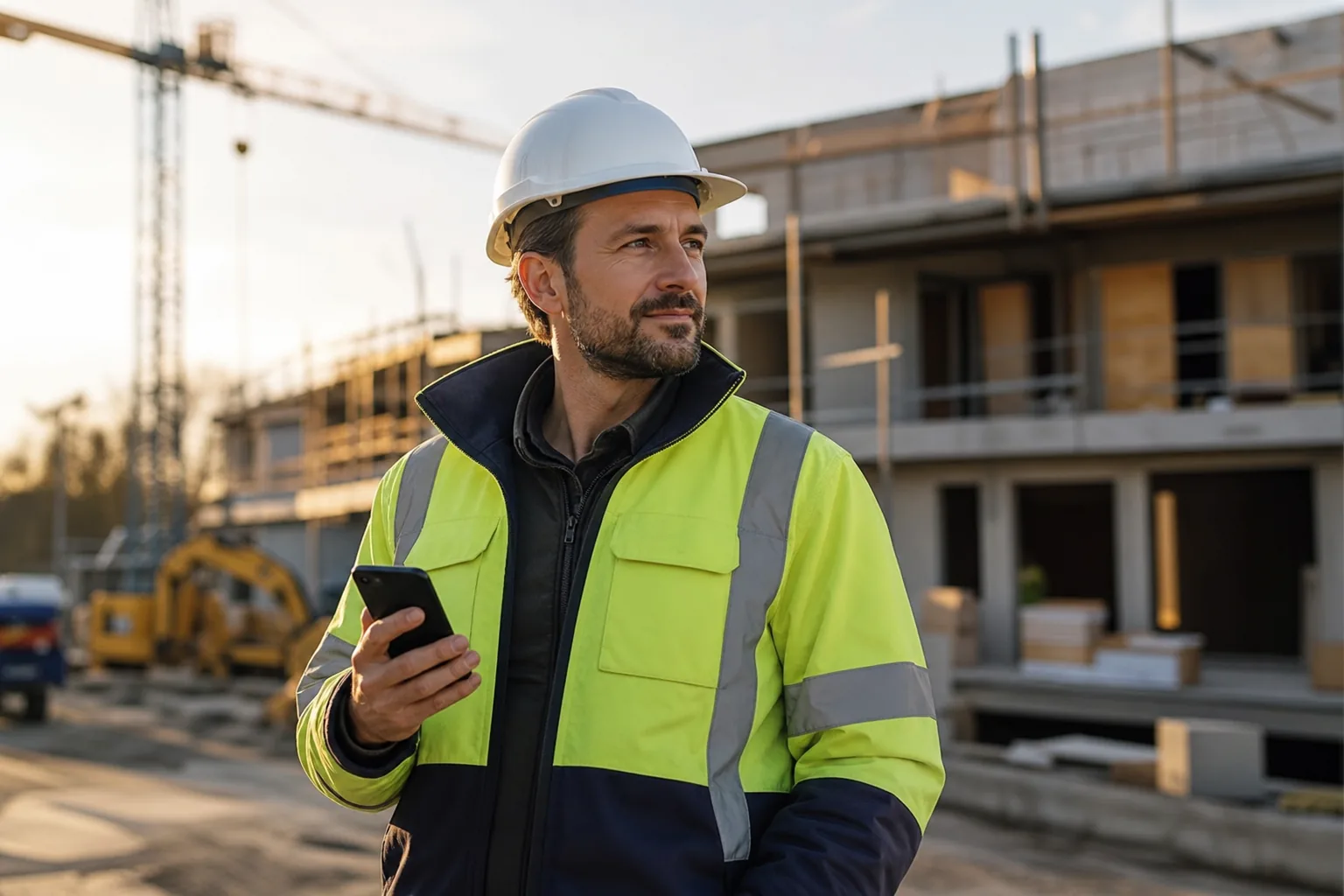 A construction company site manager in a hard hat checking a smartphone at a building project, illustrating GEO visibility for BTP firms in AI answers