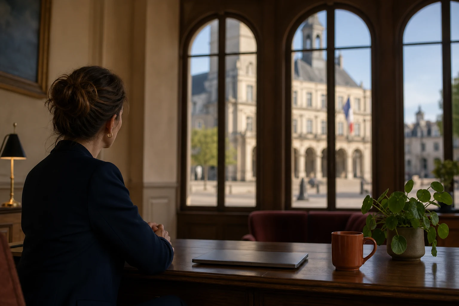A local government communications officer working at a laptop in a town hall office, illustrating GEO visibility for municipalities in AI answers