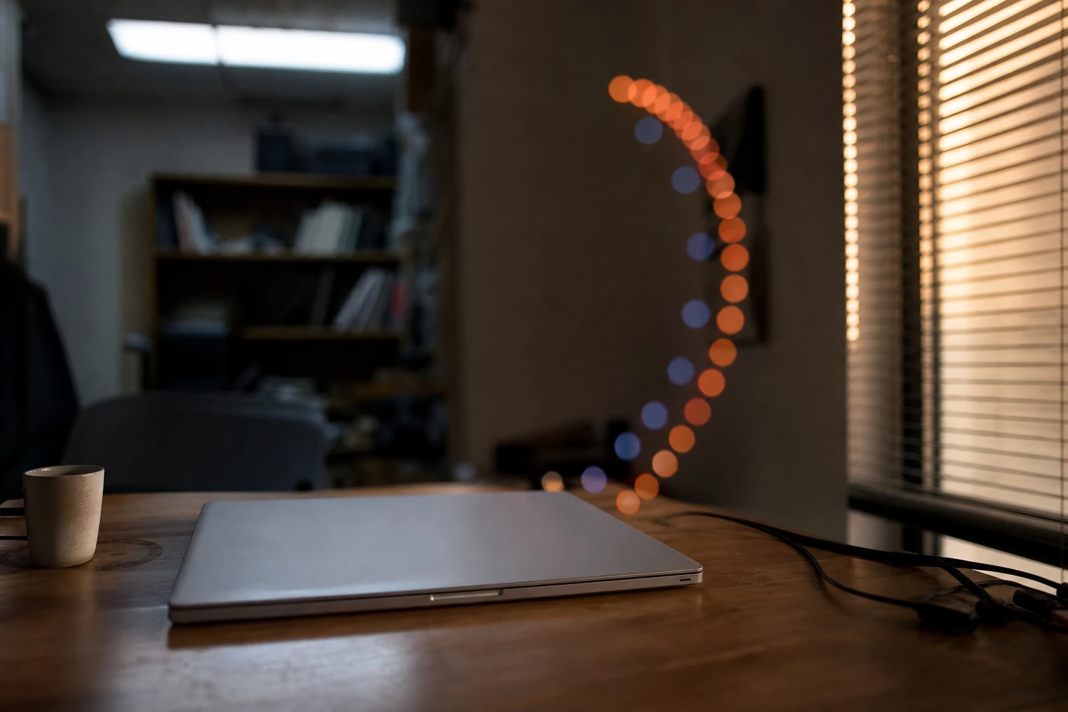 A closed laptop on a desk beside an abstract arc of glowing dots curving upward like a dial, in warm and cool light