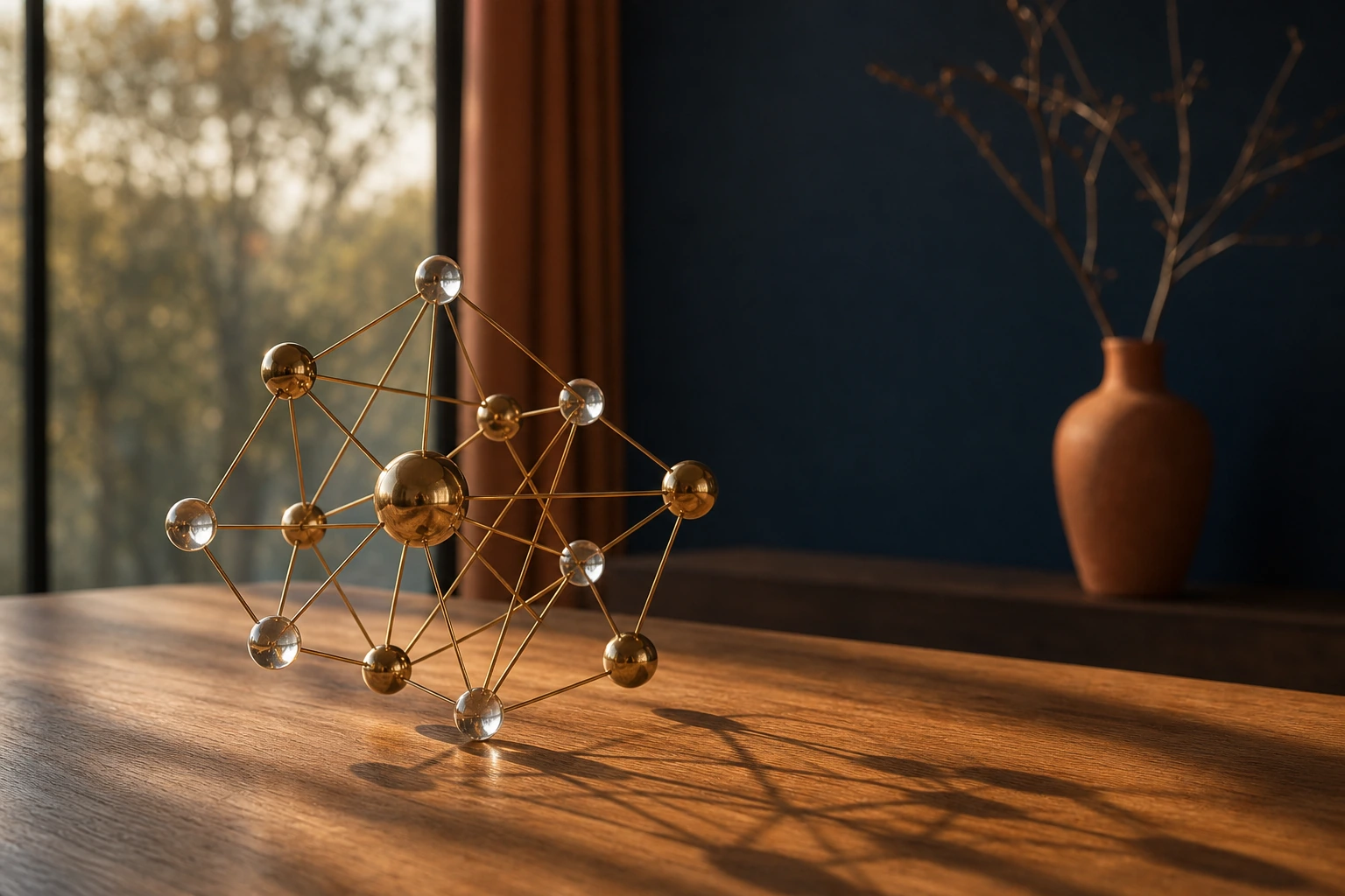 A brass and glass sculpture of small spheres held apart in mid air and joined by fine taut rods, forming a three dimensional lattice on a warm oak table