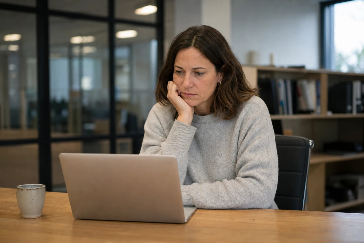 A communications manager at an ordinary office desk in the late afternoon, thinking about whether AI models mention her company, her laptop open in front of her