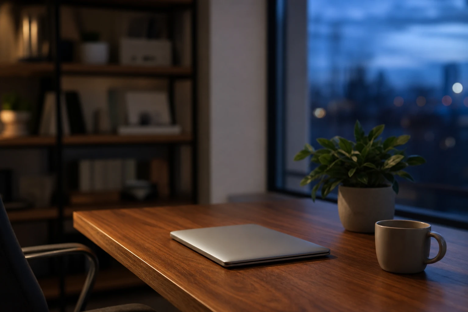 A calm home office at dusk with a single closed laptop on a wooden desk beside a window, suggesting a quiet decision about how a website talks to AI models