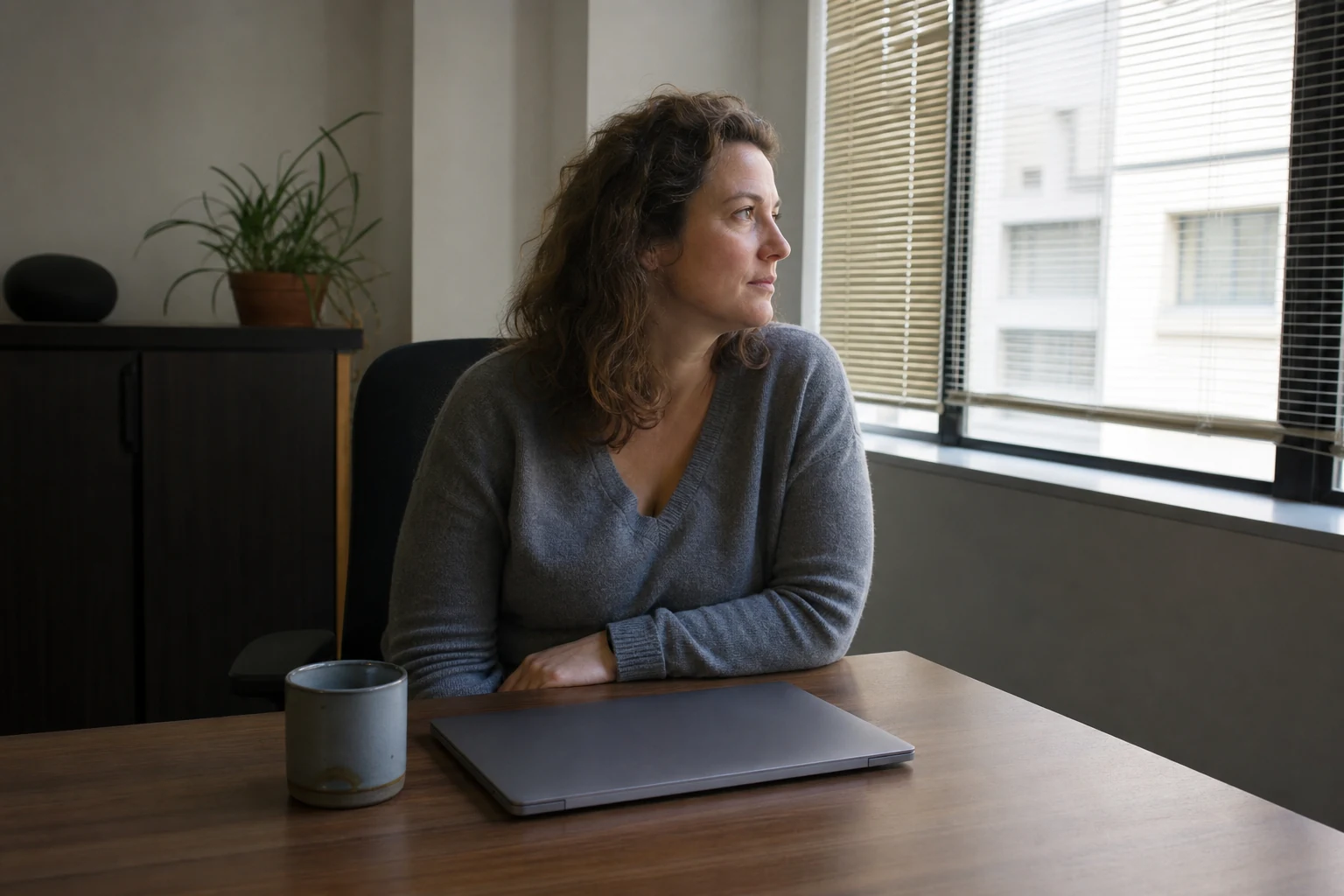 A web content strategist sitting at a plain desk by a window in the late afternoon, thinking through how their pages connect