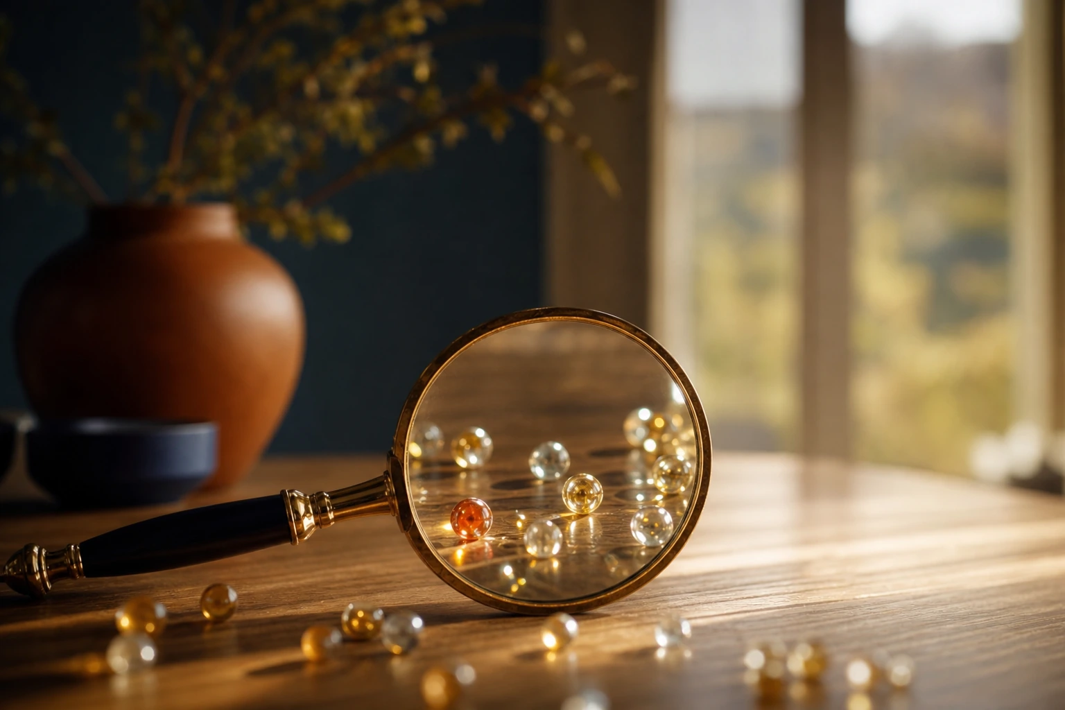 A brass magnifying glass revealing glowing glass spheres on a sunlit oak table, a metaphor for measuring what is visible