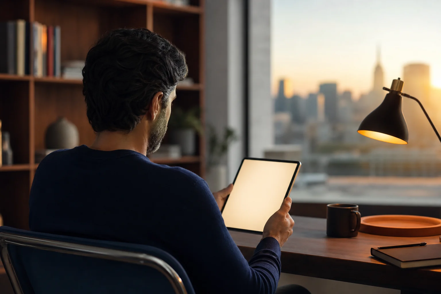 Person reading a clear summary on a tablet in a bright office at dawn