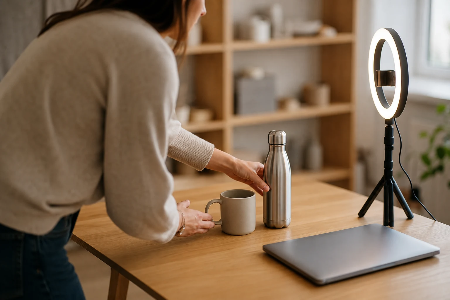 A small online-shop owner arranging a plain ceramic mug and a stainless steel bottle on a wooden table under a ring light to photograph them for her store