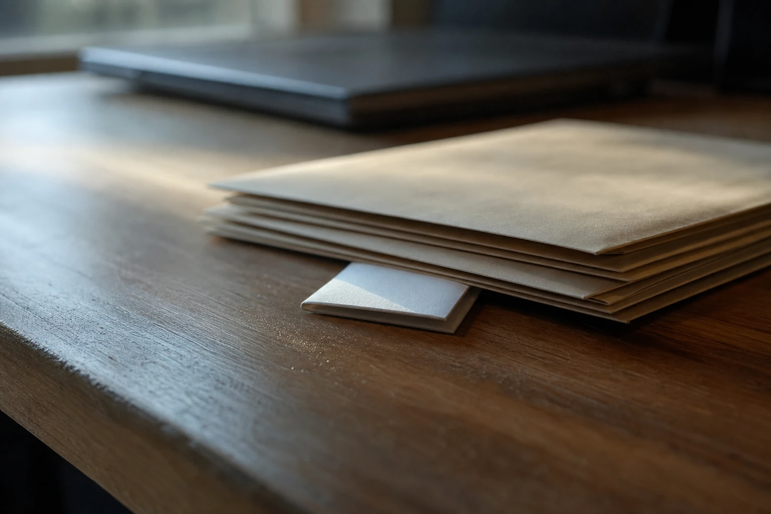 A small folded blank note hidden underneath a stack of plain sealed envelopes on a desk in soft window light, evoking an instruction smuggled into ordinary content