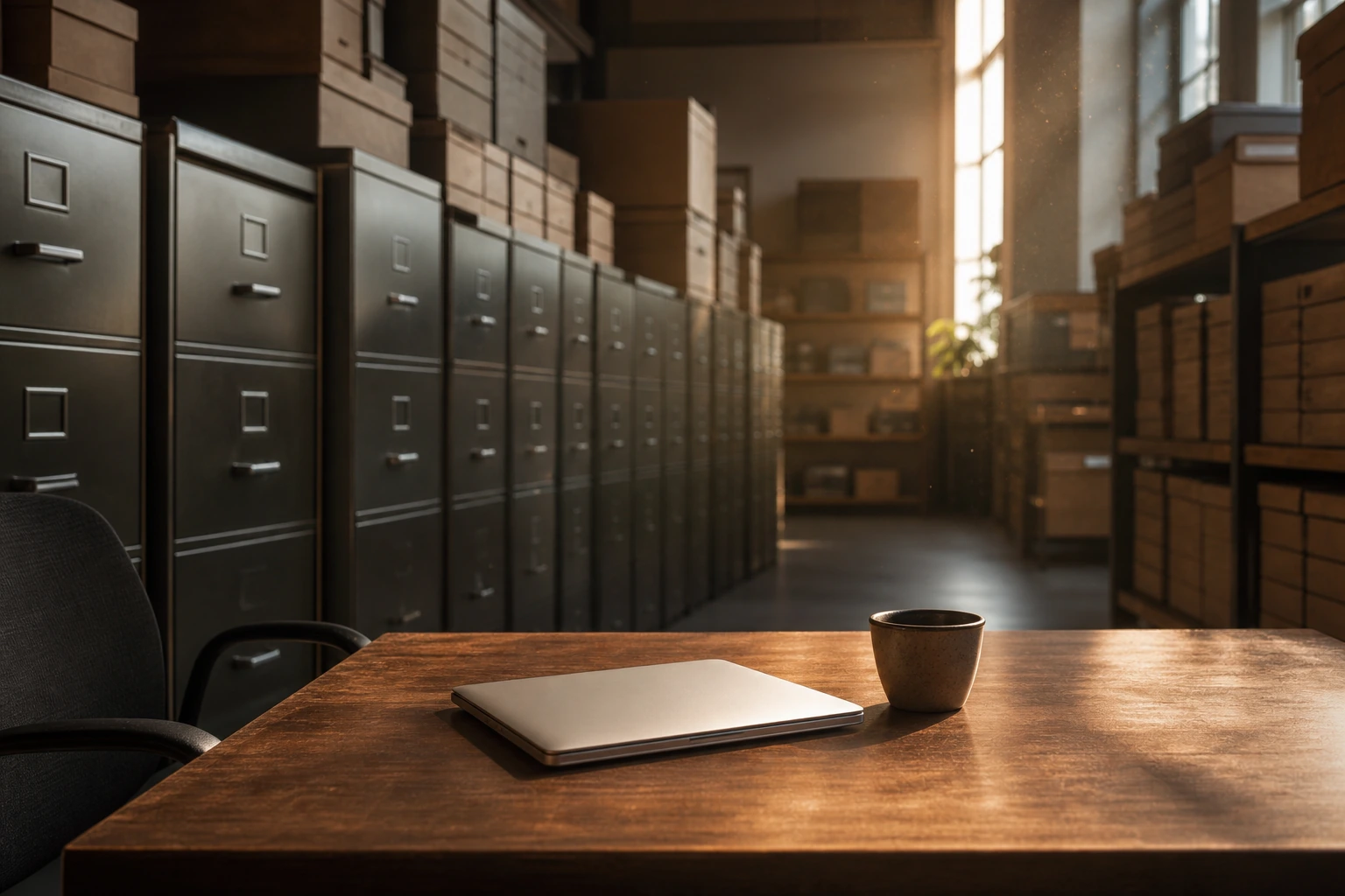 A quiet archive room with long rows of closed filing cabinets receding into soft focus, and a closed laptop on a wooden desk in the warm afternoon light