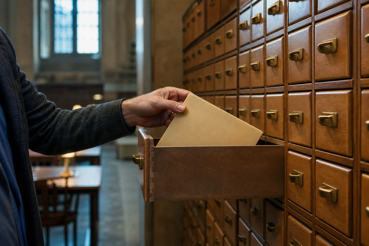 A hand lifting one plain unlabeled folder from a single open drawer in a tall wall of wooden archive drawers, warm reading-room light