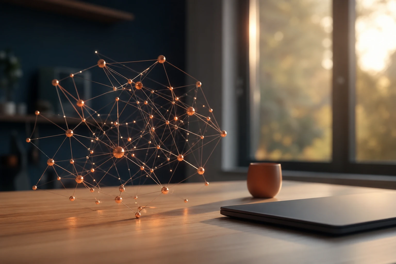 A lattice of glowing connected data nodes and fine luminous threads floating above a tidy oak desk with a closed laptop, illustrating Schema.org structured data and its role in AI visibility
