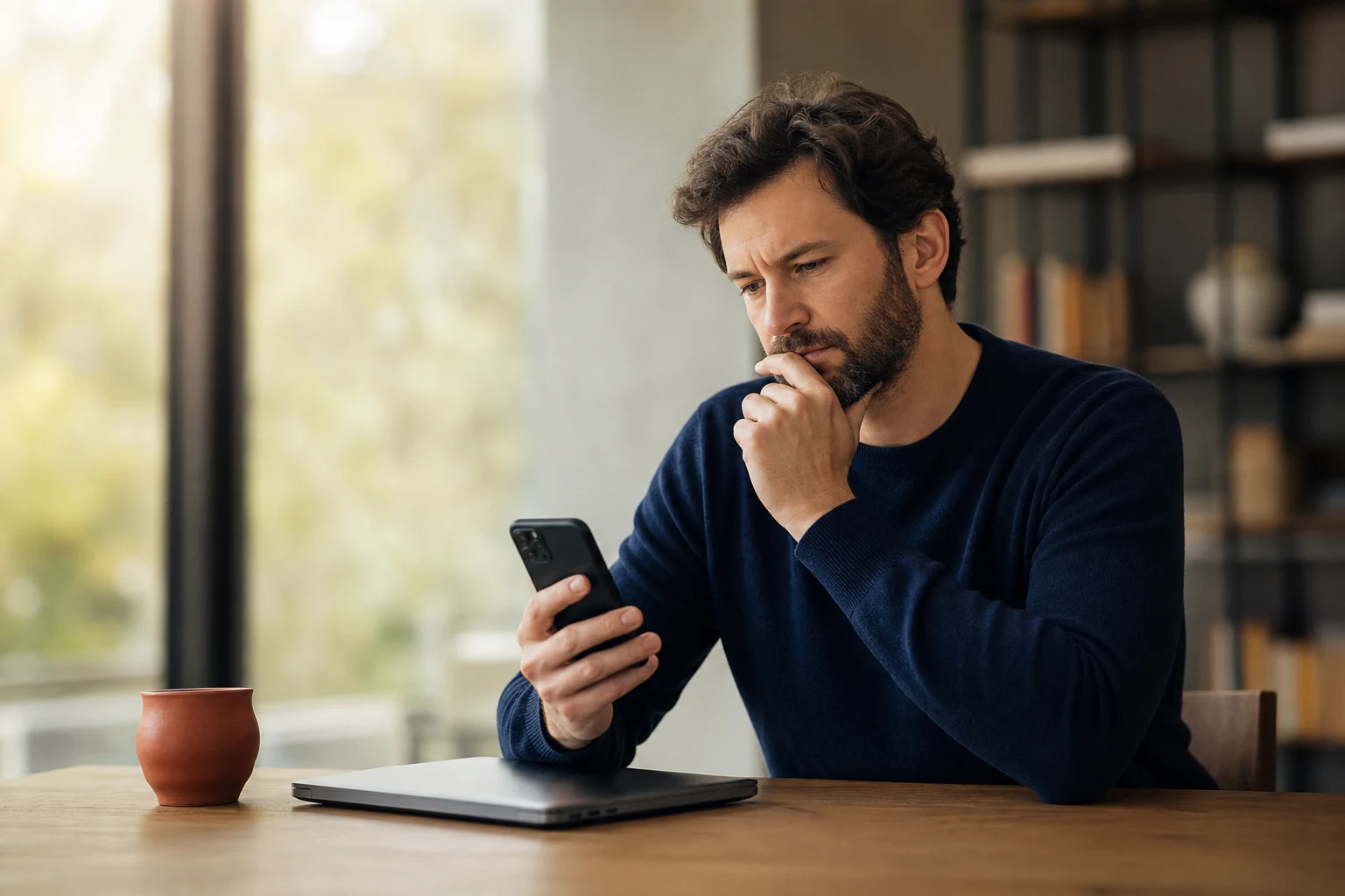 A person in an ordinary office looking thoughtfully at a phone showing an AI-written answer, warm natural light