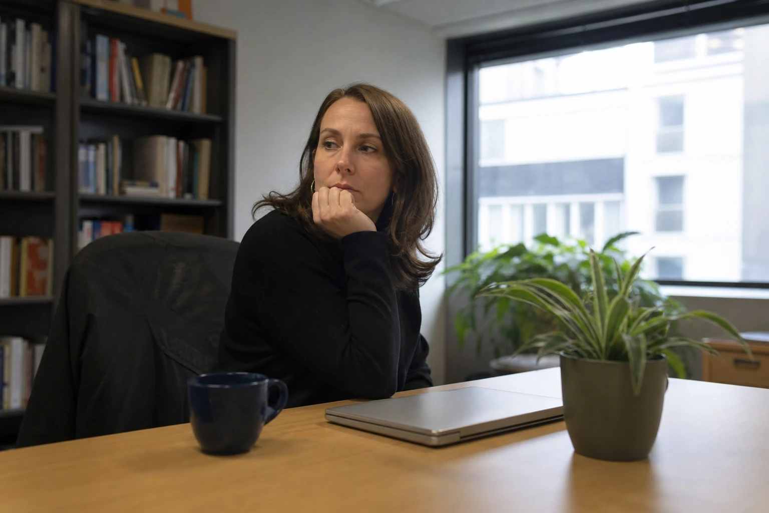 A marketing strategist in an ordinary small office, half turned away, thinking about how often her brand gets named inside AI answers