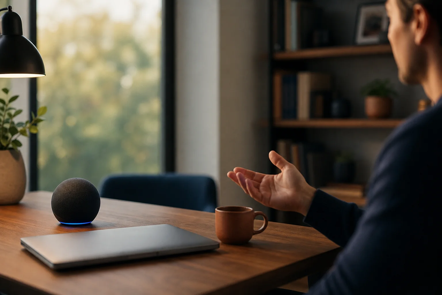 Personne posant une question à un assistant vocal qui répond d'une seule réponse claire sur un bureau
