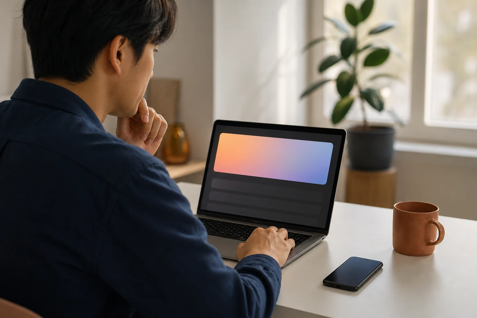 Personne lisant une réponse synthétisée par l'IA au-dessus des résultats de recherche sur un ordinateur portable