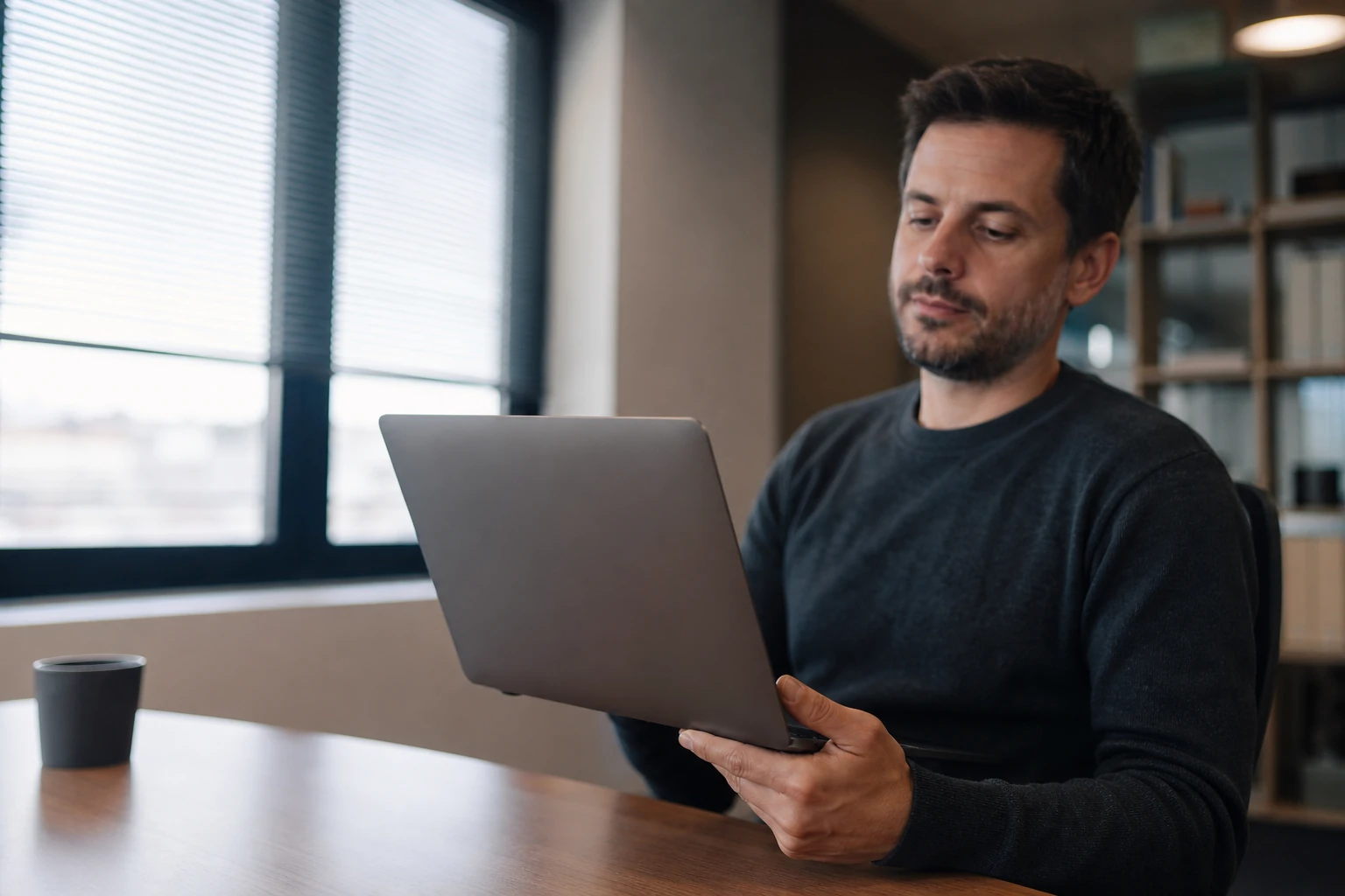 Un stratège de contenu lit sur un ordinateur portable près d'une fenêtre, dans un bureau clair