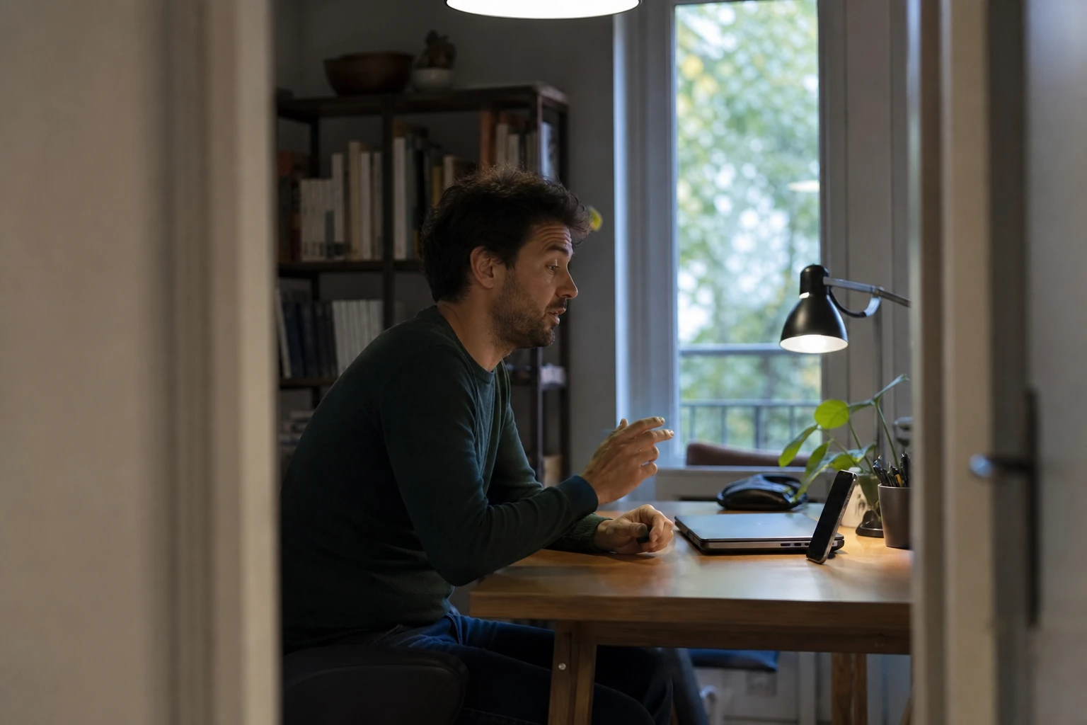 Une personne pose une question à voix haute à son téléphone posé sur un bureau, attendant une réponse unique
