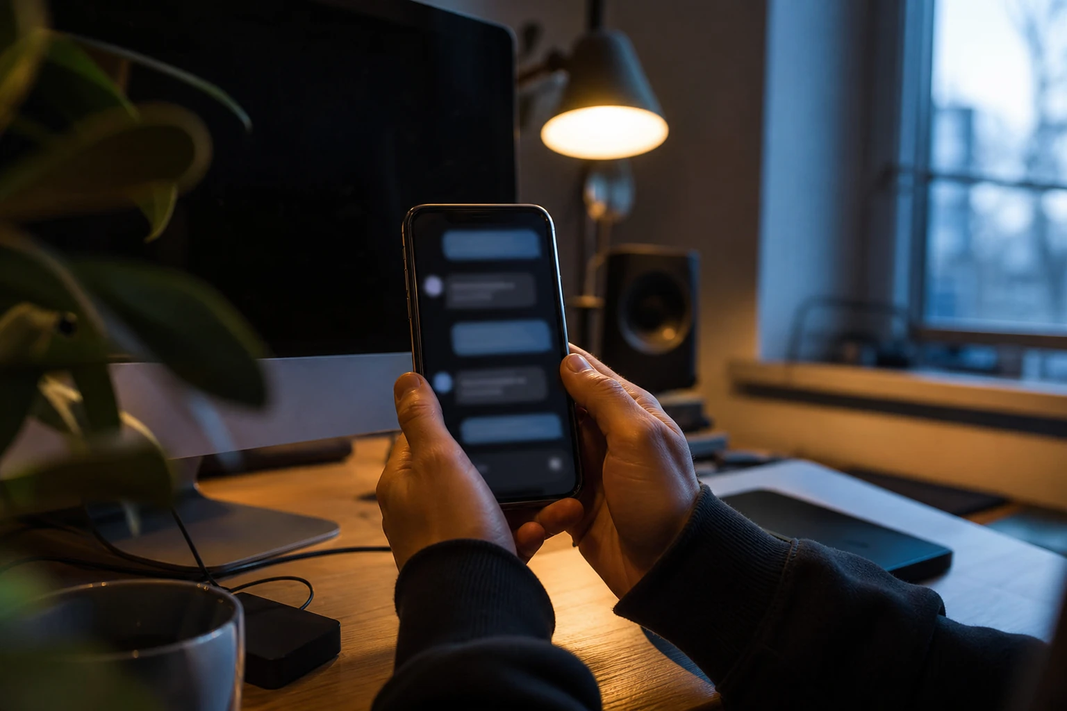 Hands holding a smartphone showing a blurred conversational assistant interface, in a home office