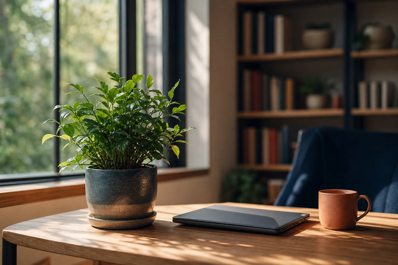 Plante verte en pleine croissance sur un bureau ensoleillé, image de croissance organique