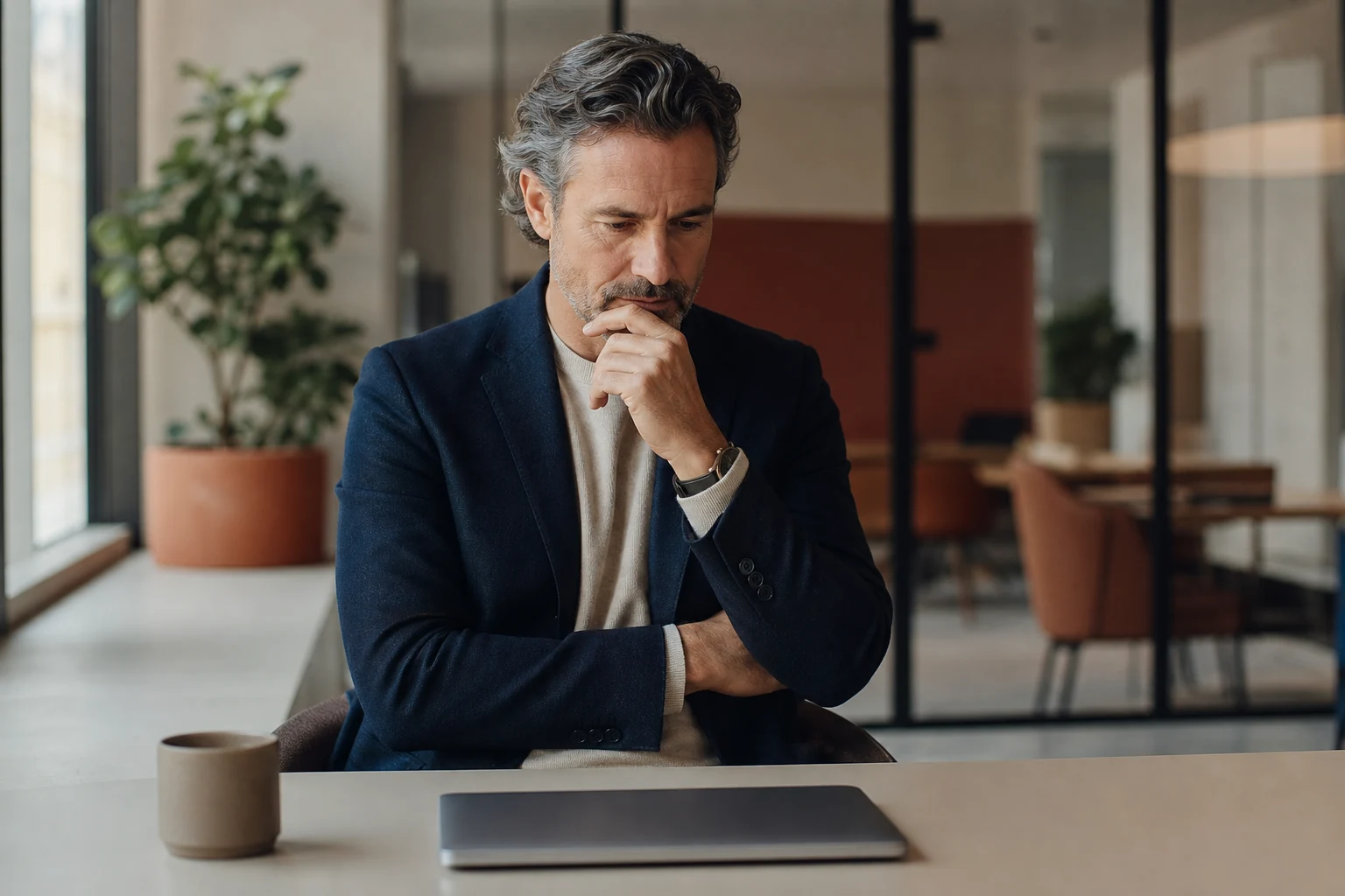 Décideur B2B assis à un bureau épuré dans un bureau moderne, réfléchissant devant un ordinateur portable fermé