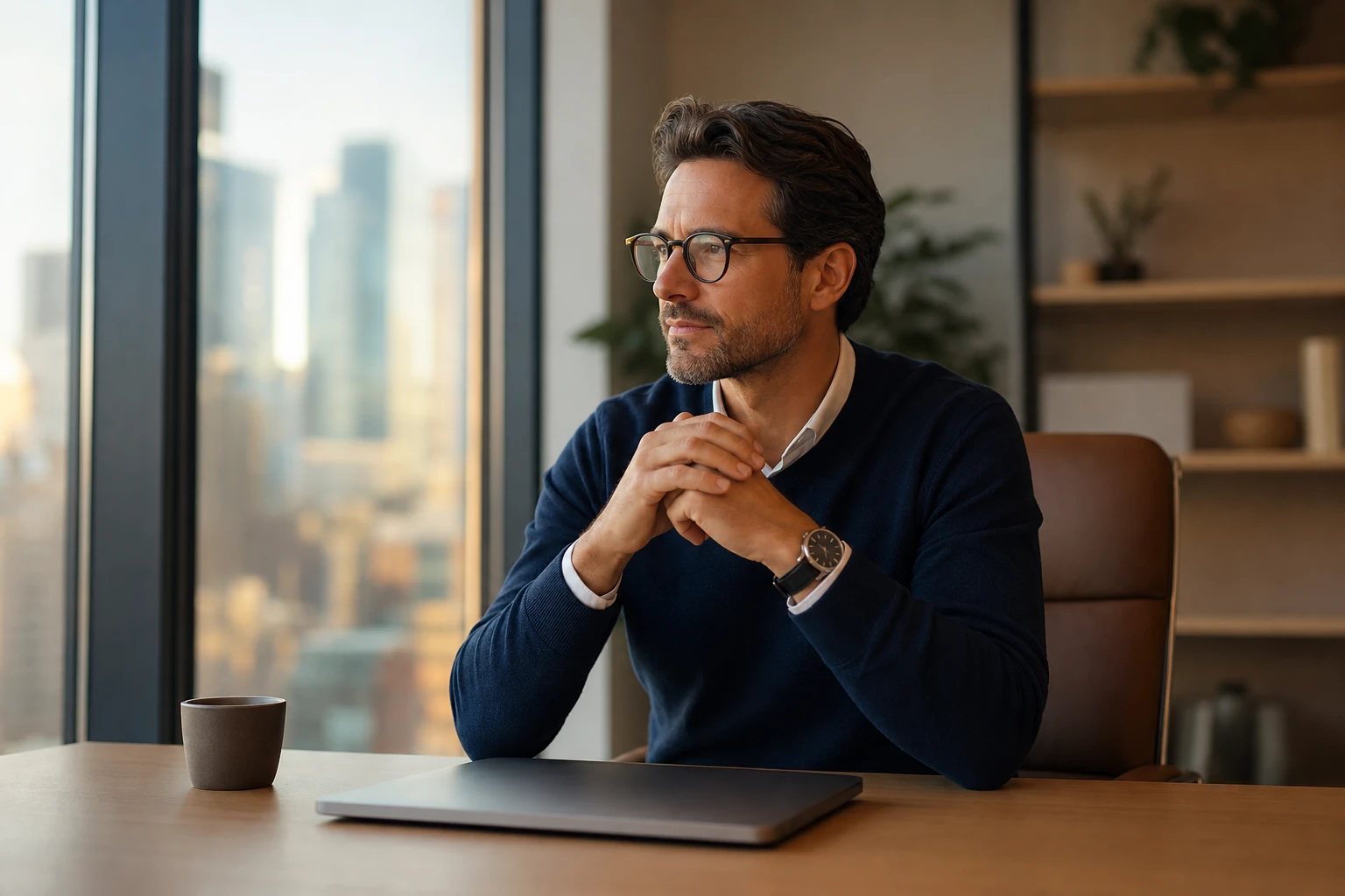 Décideur B2B concentré dans un bureau lumineux, ordinateur portable fermé posé sur un bureau épuré près d'une fenêtre