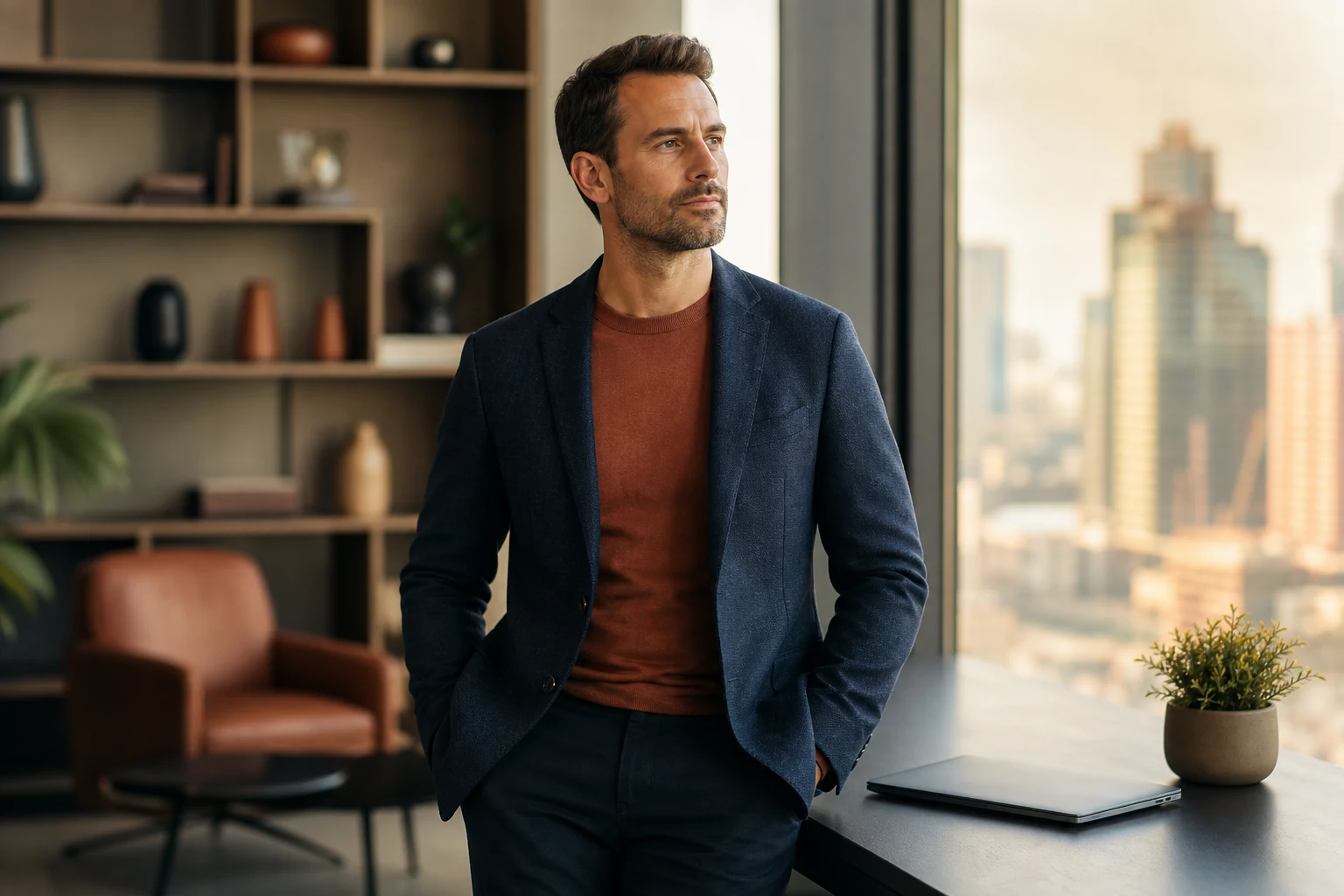 Décideur B2B dans un bureau lumineux, ordinateur portable fermé posé sur un bureau épuré