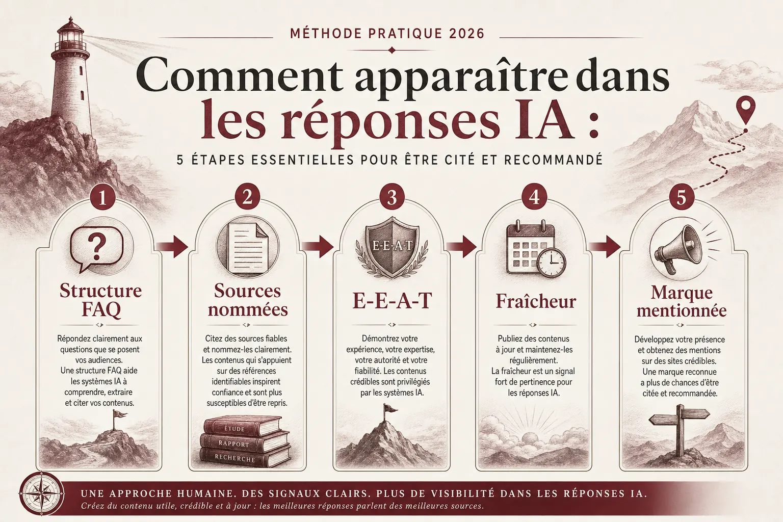 Infographie recapitulative : les 7 etapes pour apparaitre dans ChatGPT et Google AI Overviews