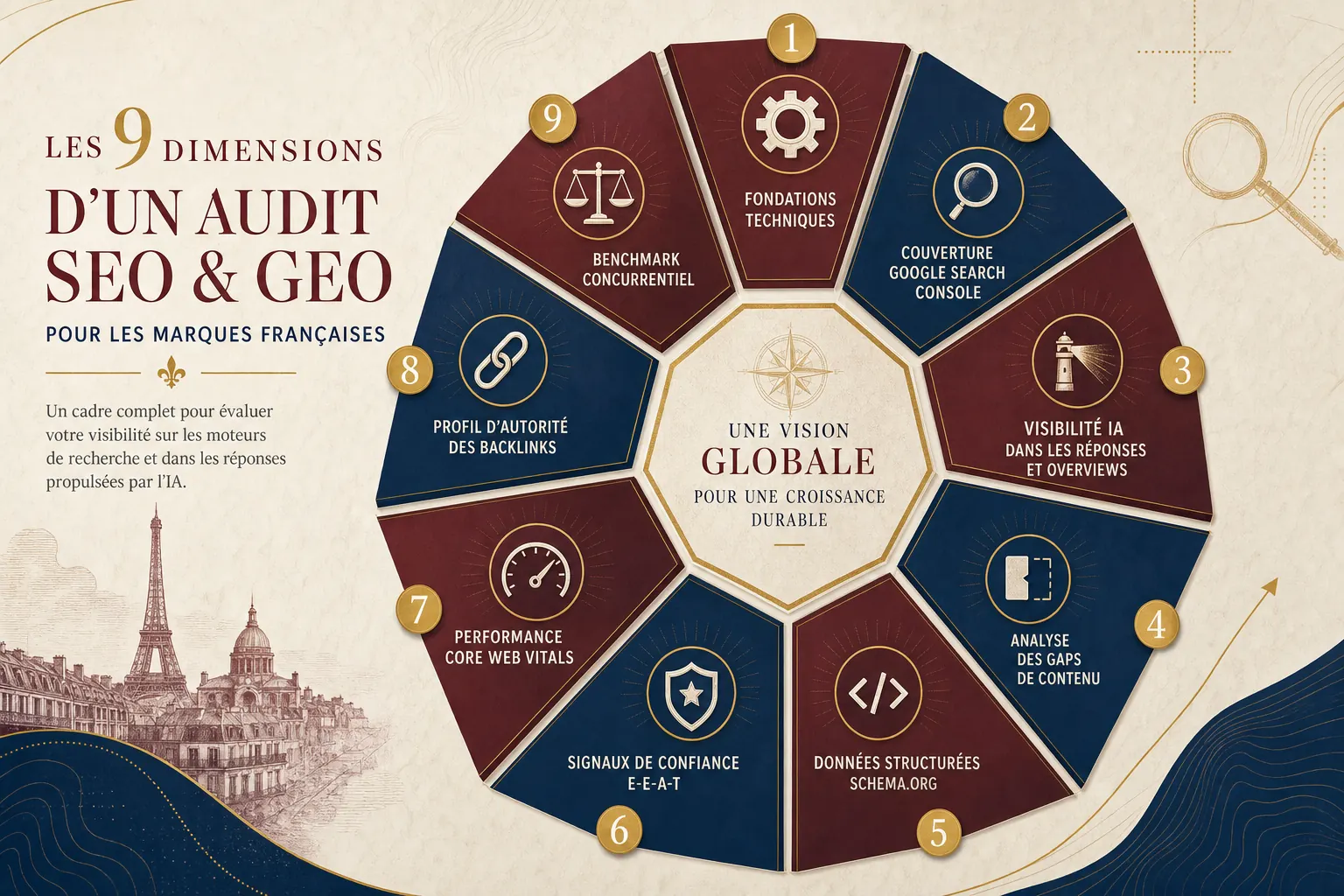 Infographie recapitulative : les 9 dimensions de l audit SEO GEO Cicero pour marques francaises