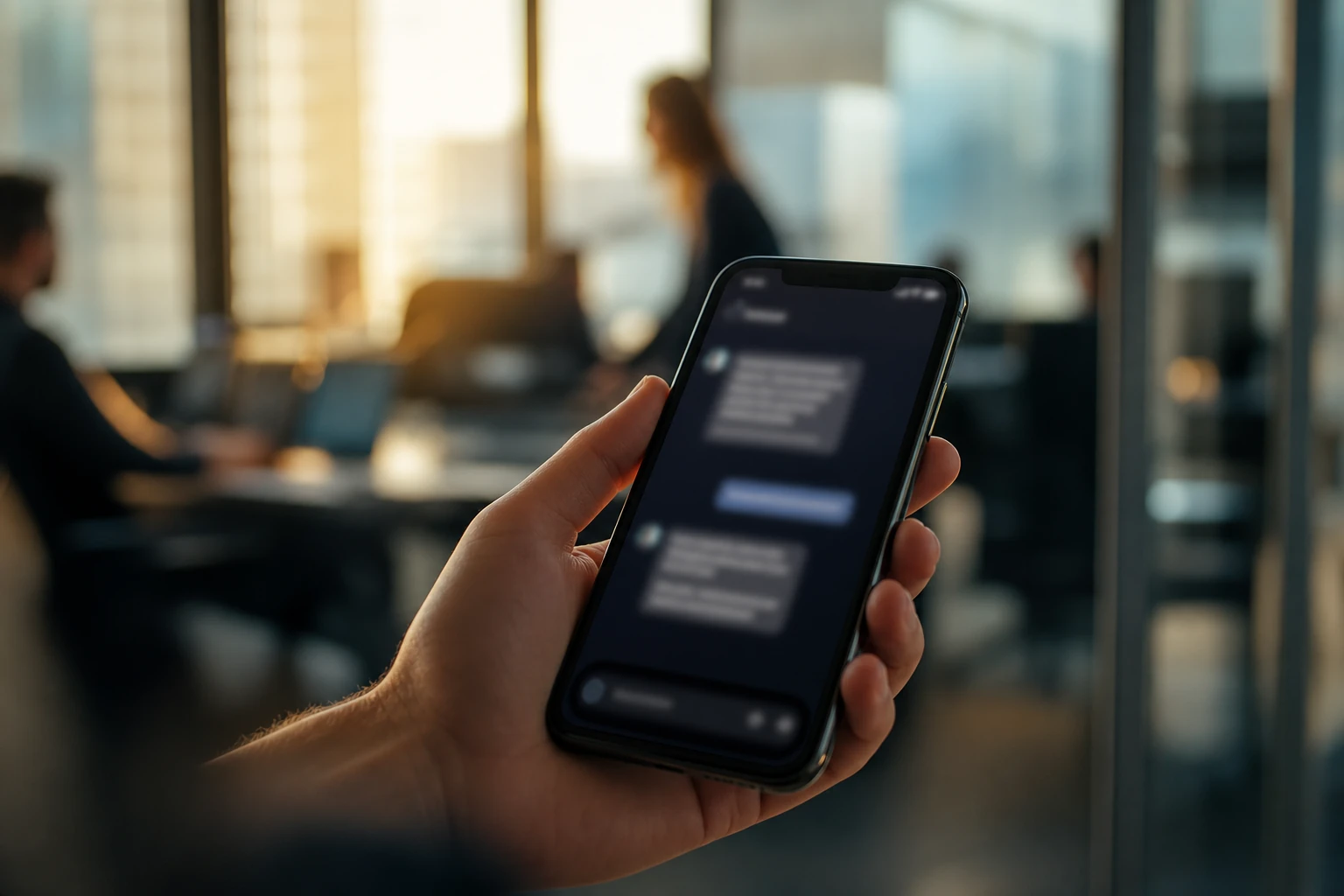 Smartphone affichant une conversation ChatGPT floue avec un encart publicitaire clairement identifié, sur un bureau, illustrant le lancement des annonces ChatGPT au Royaume-Uni en juin 2026