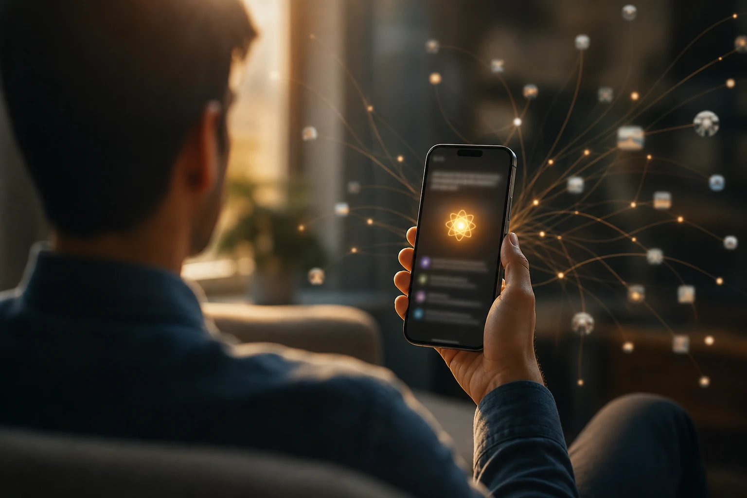 Personne consultant une réponse générée par l'IA sur son smartphone, avec des liens de citation qui se ramifient hors d'une liste de résultats classés, illustrant le découplage entre citation IA et position Google en 2026