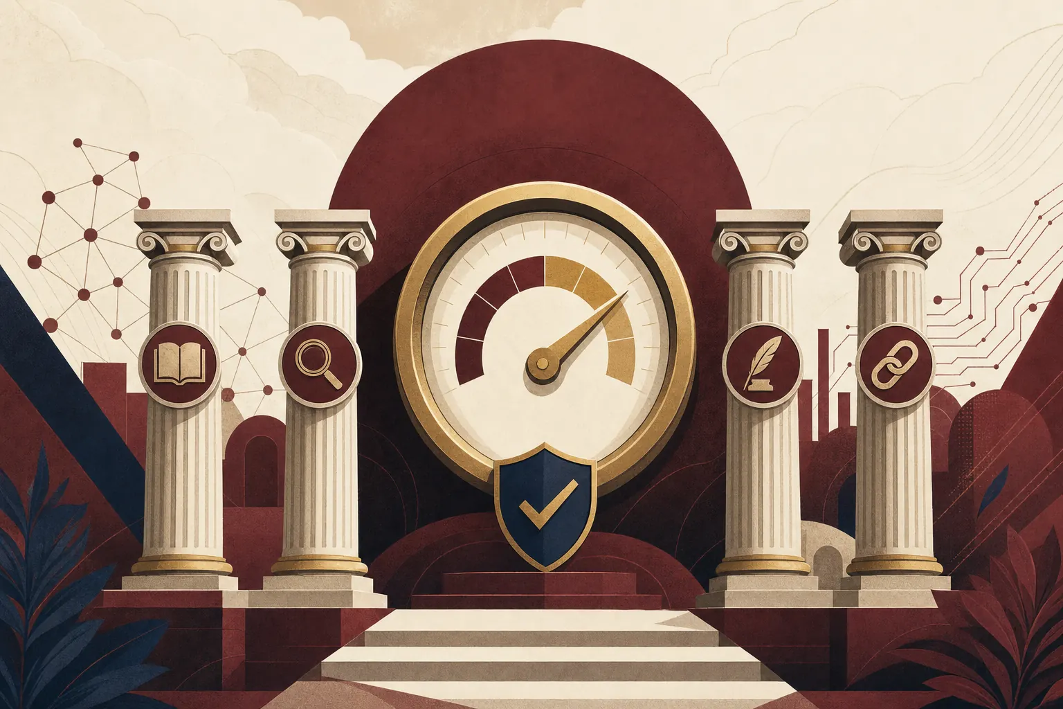 Illustration éditoriale de l'article : E-E-A-T et contenu IA : comment maintenir votre score de confiance Google en 2026