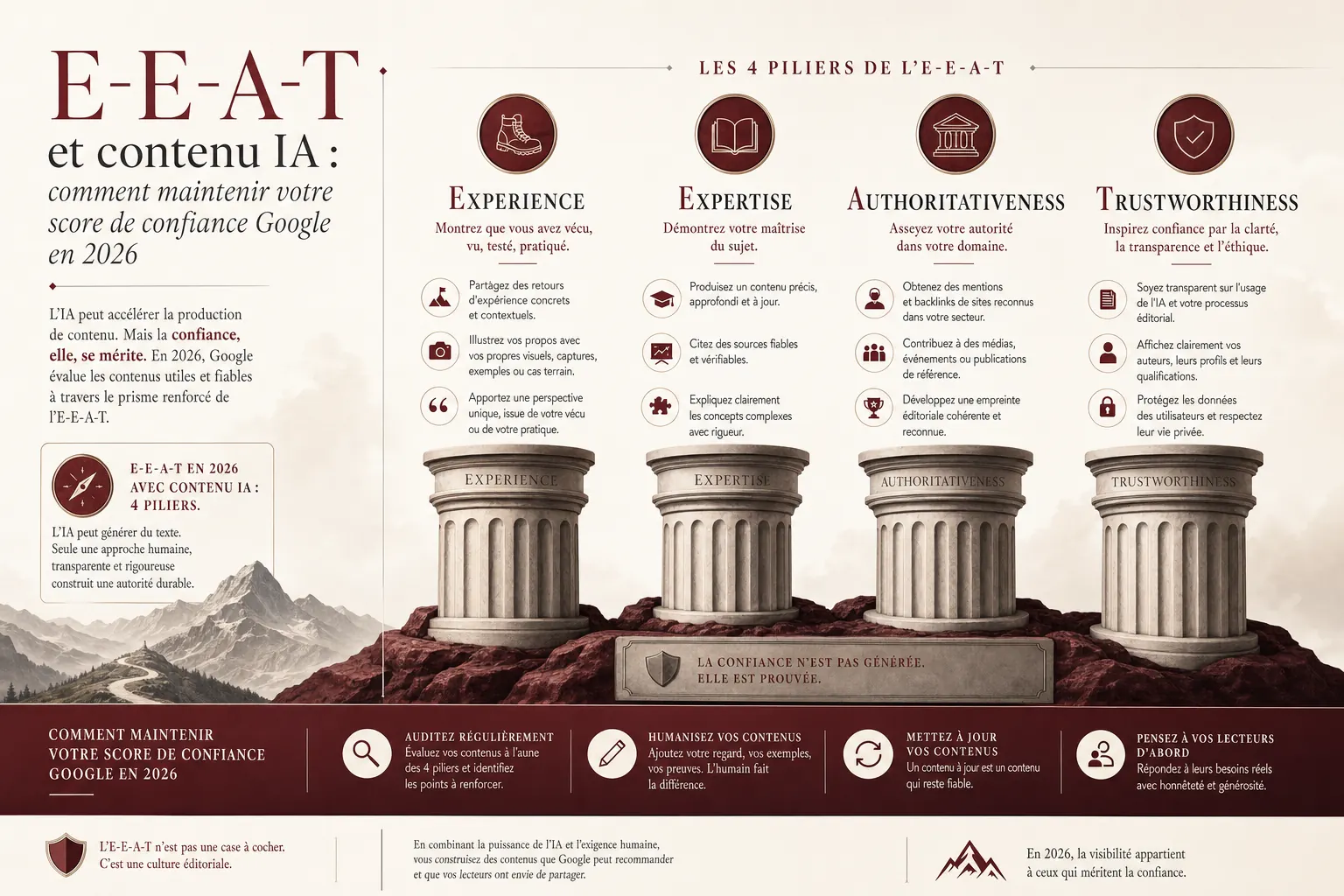 Infographie recapitulative : les 6 signaux E-E-A-T verifiables sur un contenu produit avec assistance IA