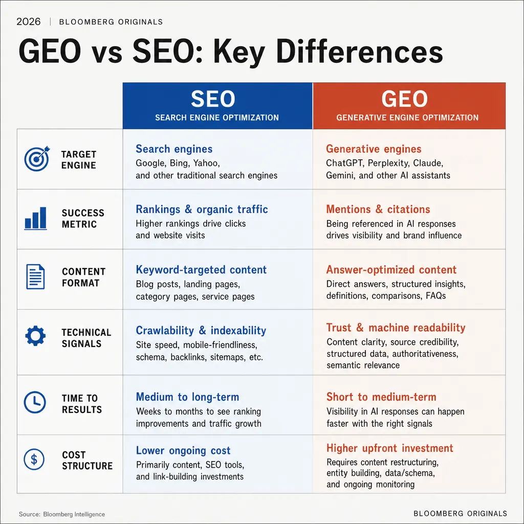 Infographie : état du Generative Engine Optimization en France — déploiement AIO, types de requêtes, méthode GEO