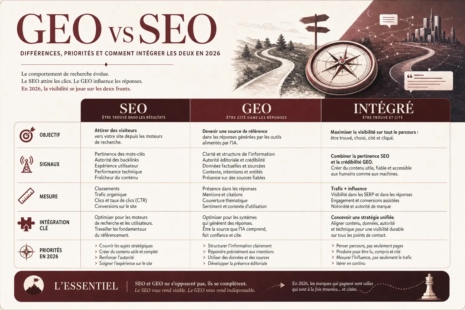 Infographie recapitulative : tableau comparatif GEO vs SEO sur 6 dimensions operationnelles