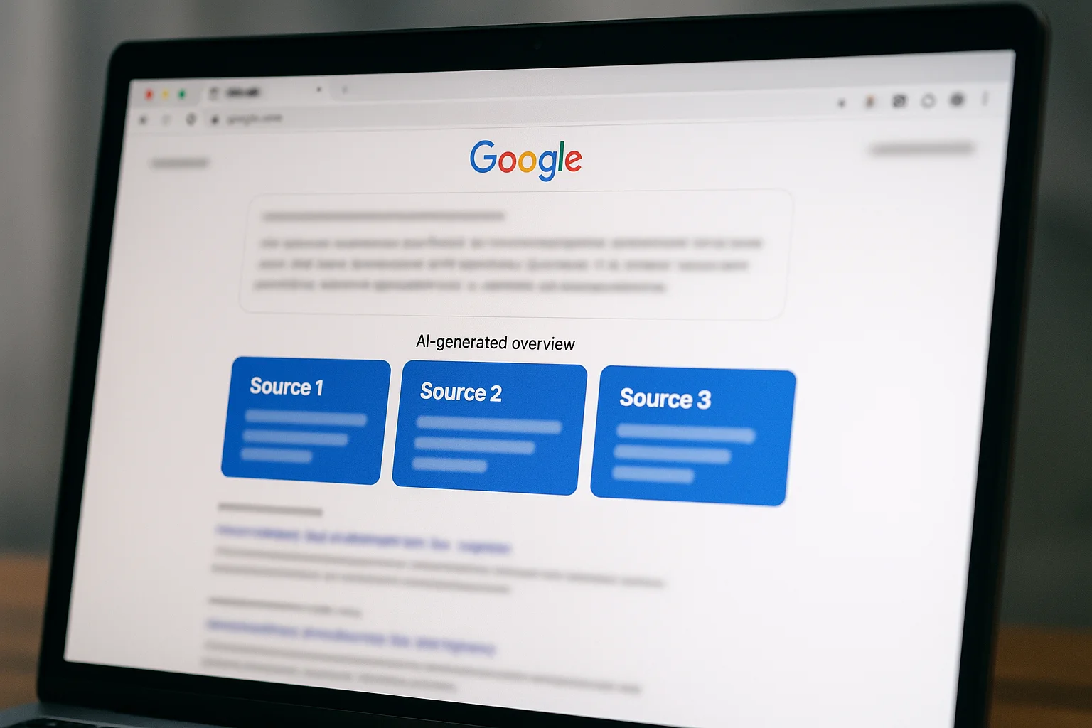 Interface Google AI Overviews avec cartes de citations déplacées en bas de page