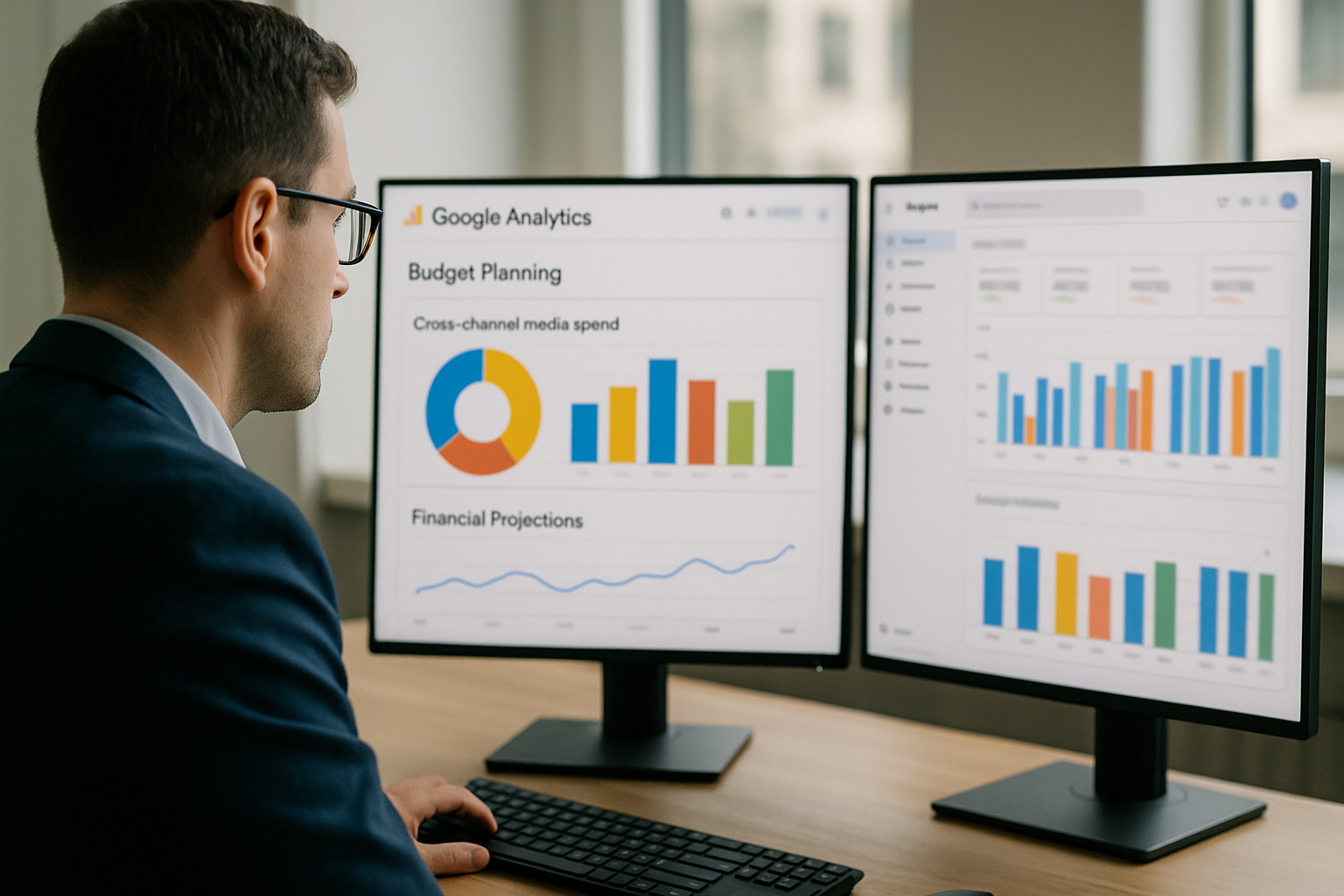 Analyste marketing sur Google Analytics avec graphiques de budget cross-canal