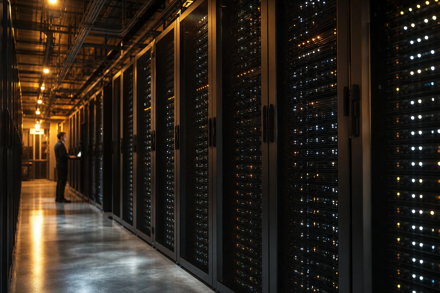 Allée de serveurs dans un data center, illustrant l'indexation et la canonicalisation des pages par Google