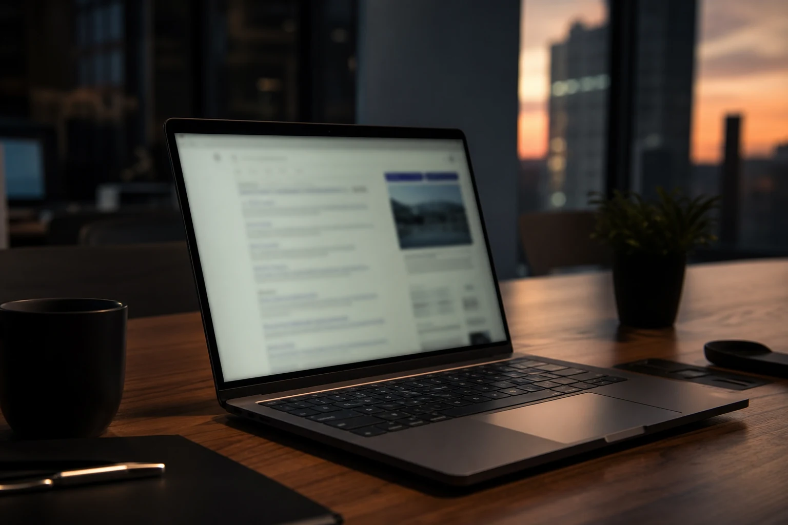 Ordinateur portable posé sur un bureau en bois au crépuscule, affichant une page de résultats de recherche dont le texte est volontairement flou
