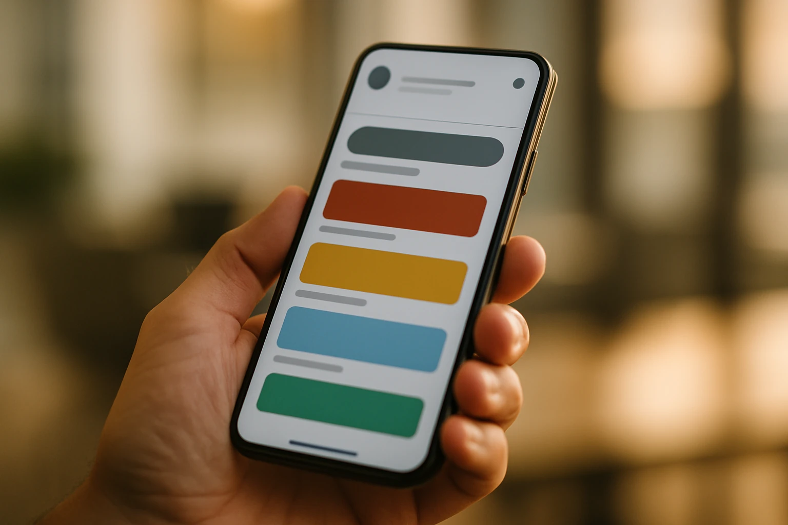 Smartphone affichant le flux Google Discover avec des cartes de contenu éditorial, fond neutre flou, lumière chaude