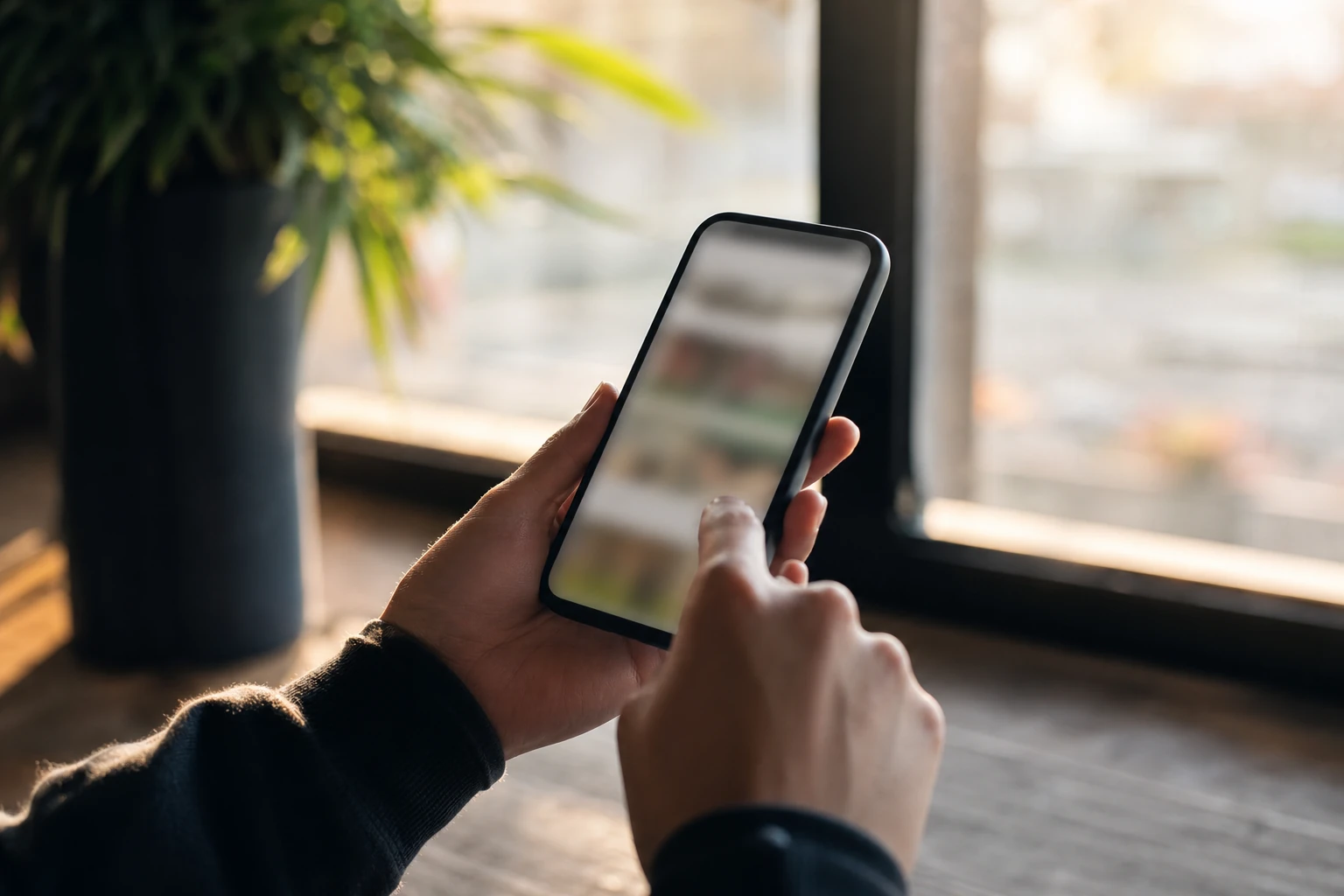 Mains tenant un smartphone affichant un fil d'actualité flou, lumière du matin près d'une fenêtre