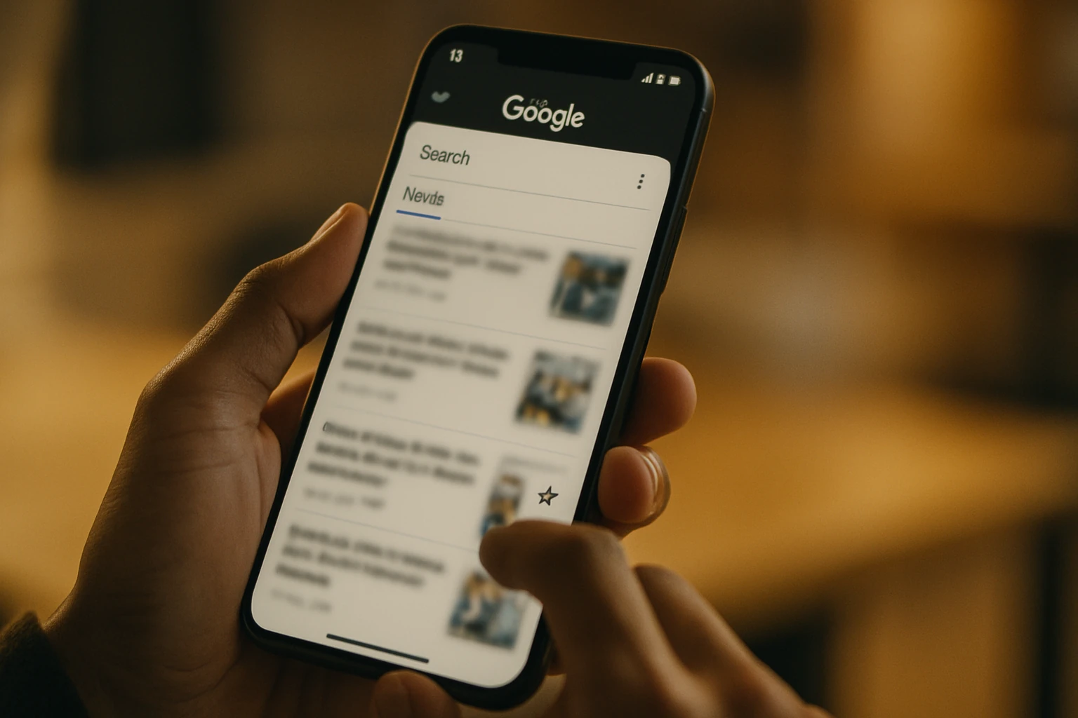 Personne consultant Google Search sur smartphone, interface Top Stories visible en arrière-plan flou, environnement de bureau lumineux