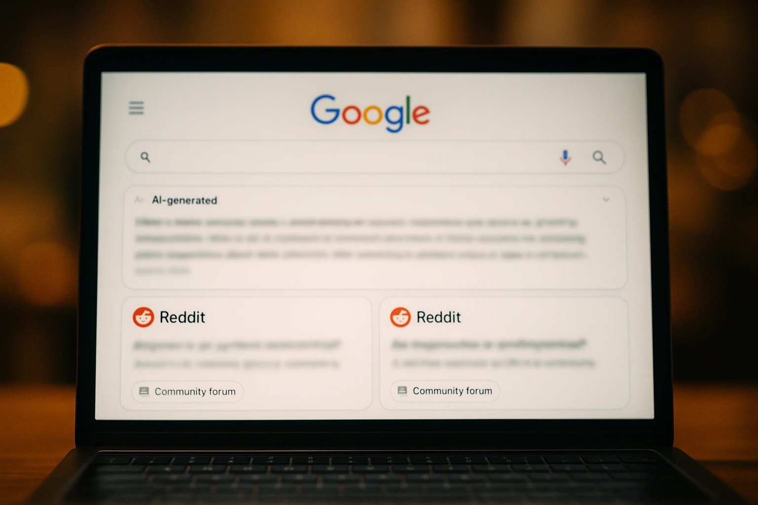 Interface Google Search avec les AI Overviews affichant des citations Reddit et forums experts